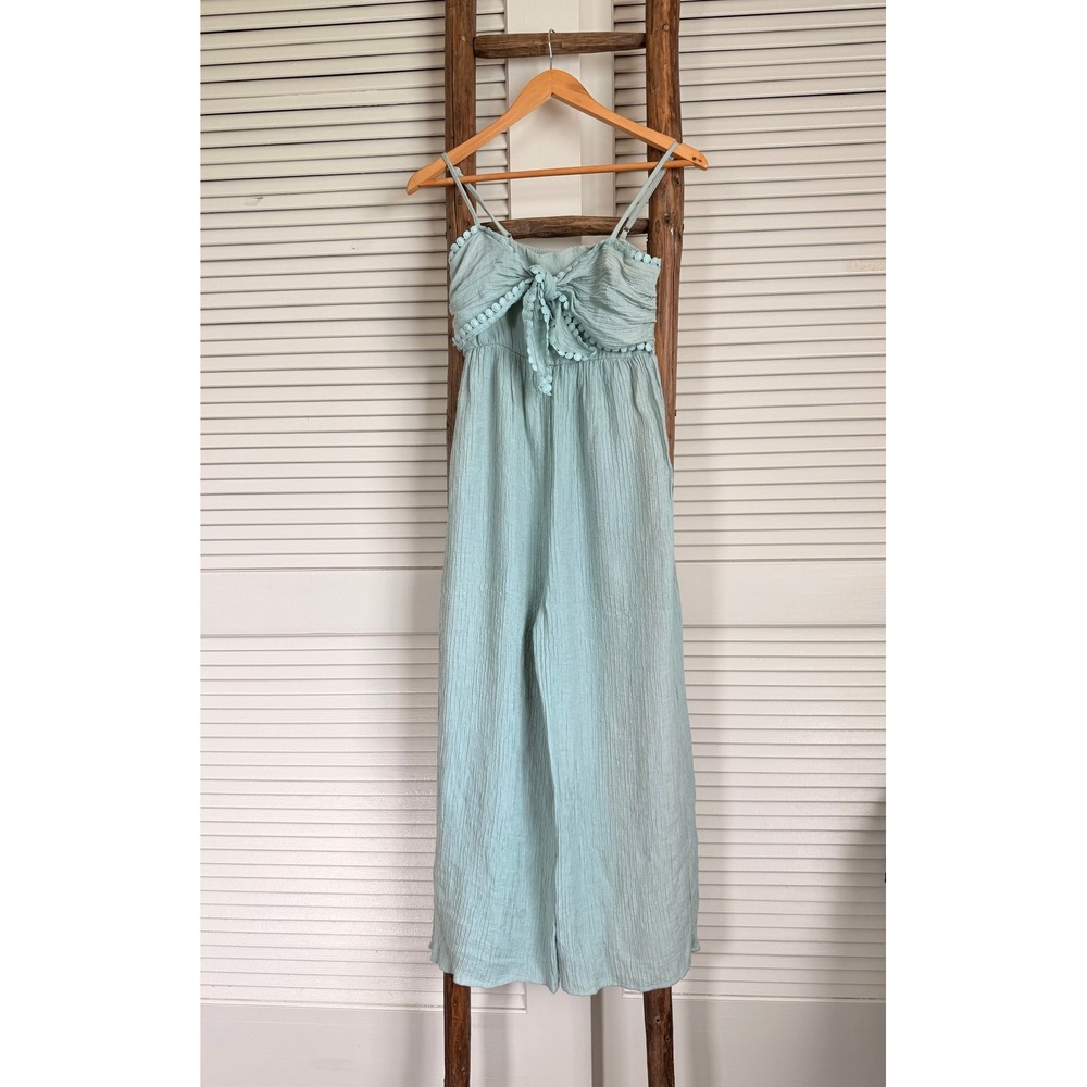 Mahina Jumpsuit Small Light Blue Pom Pom Trim Tie Front Smocked Wide Leg